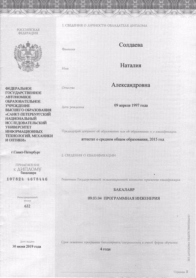 Приложение к диплому бакалавра ИТМО Натали Солдаевой