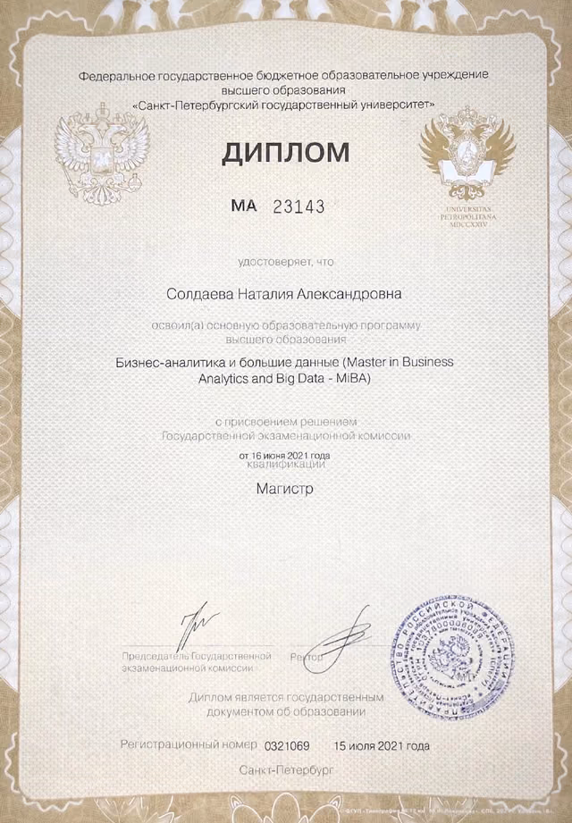 Диплом магистра СПбГУ Натали Солдаевой по направлению «Бизнес-аналитика и большие данные»